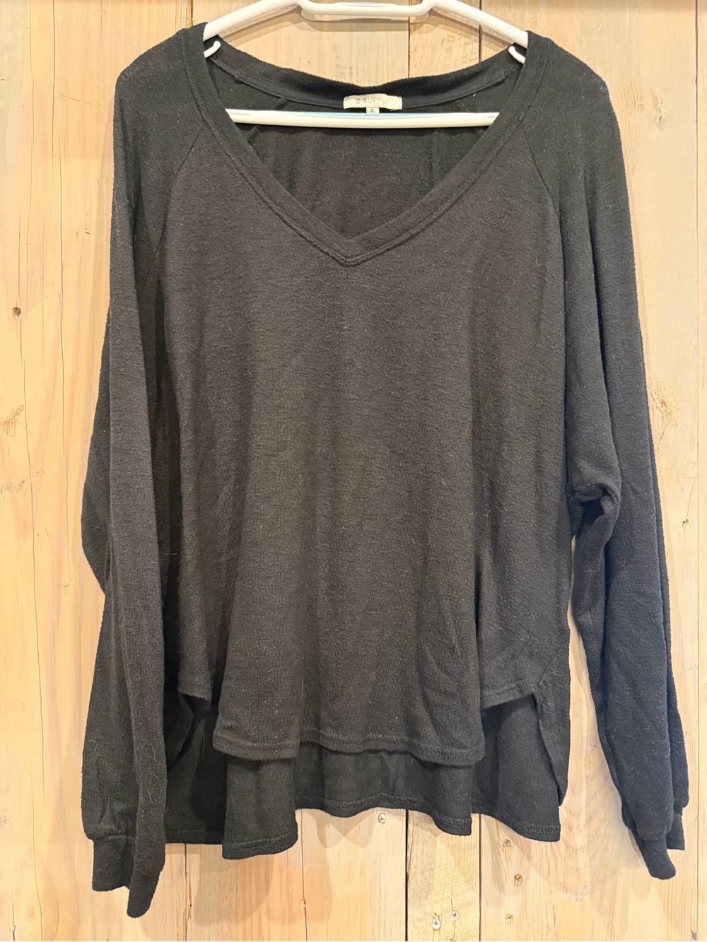 Z Supply Black V-Neck Layered Hem Long Sleeve Top